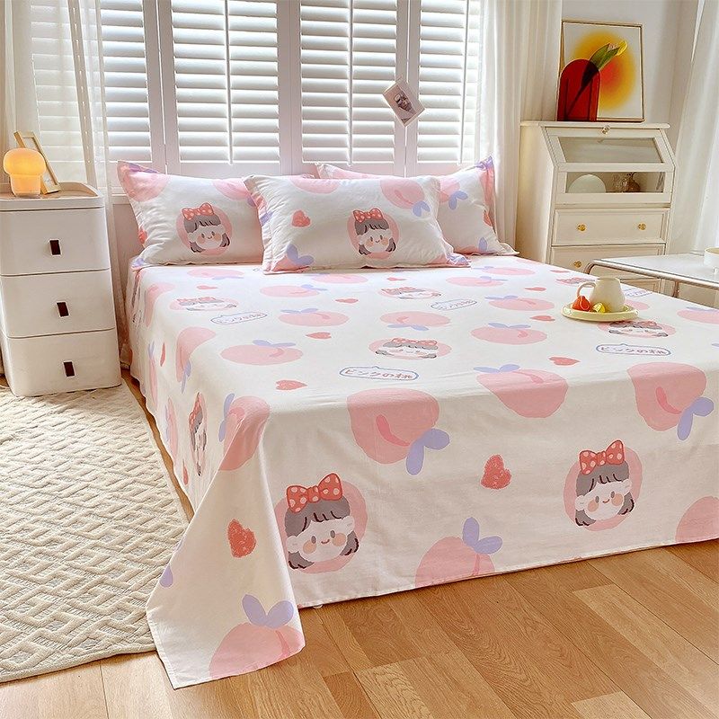 纯棉床单单件100k全棉被单三件套学生宿舍单人1.5米儿童女孩粉色2