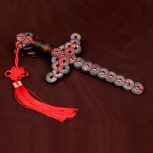 包邮五帝钱剑双层金钱剑 两层铜钱剑手编圆把电T影道具仿真品铜钱