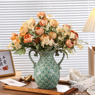 美式复古双耳浮雕l花瓶玫瑰花器客厅插花玄关电视柜高级感艺术摆