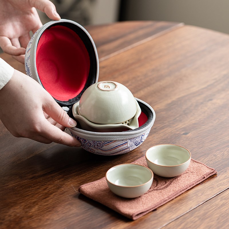 汝窑一人饮便携式旅行茶具套装一壶三杯快客杯功夫茶具Z户外泡茶