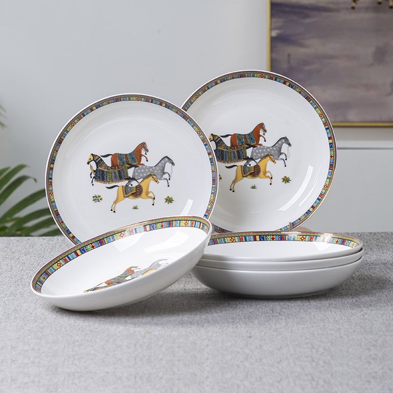 盘子菜盘家用g陶瓷餐具深盘套装8英寸6个装骨瓷高级感炒菜饭盘汤