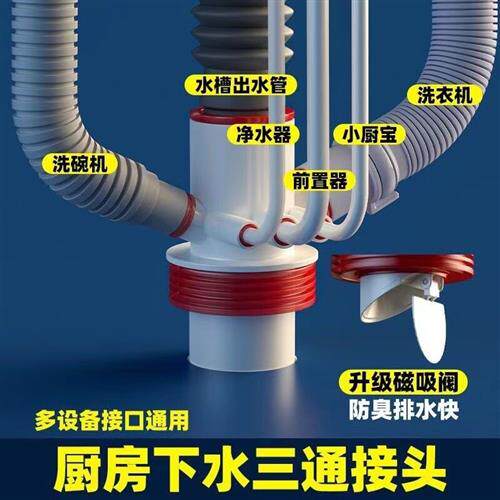 厨房下水管三通防臭神器水槽排水管分水器洗碗机净水器多功能接头