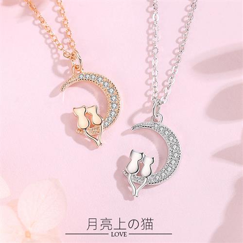 月亮上的猫项链女s925纯银锁骨链小众设计感潮轻奢吊坠冷淡风