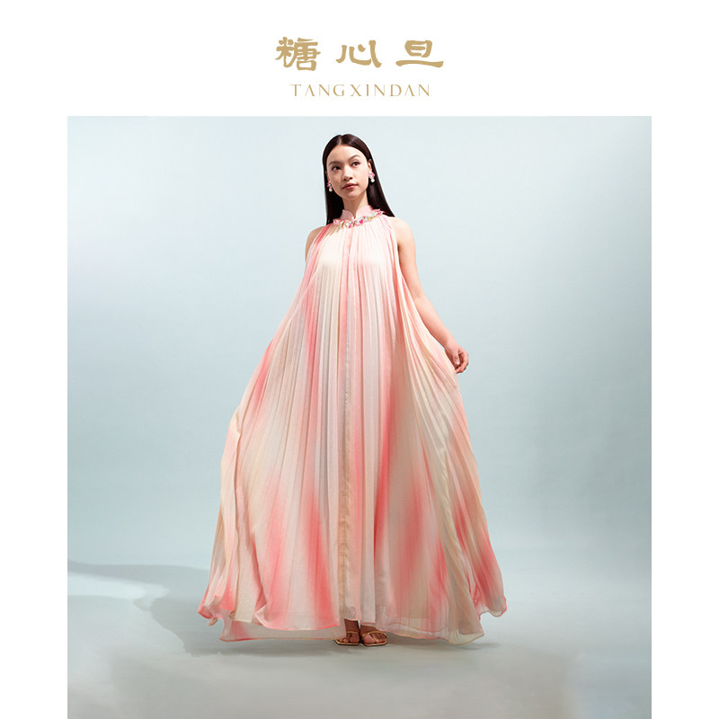 糖心旦TANGXINDAN彩虹 百褶印花连衣裙粉色无袖宽松大摆裙礼服裙