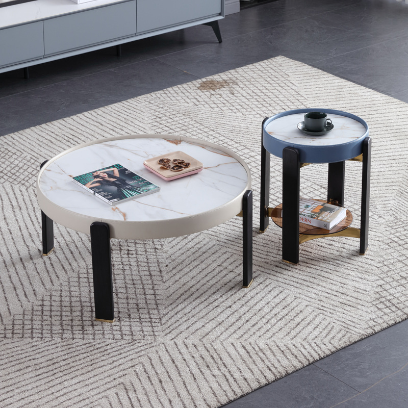 简约圆形岩板茶几创意设计师款小户型边几轻奢现代实木圆茶桌组合