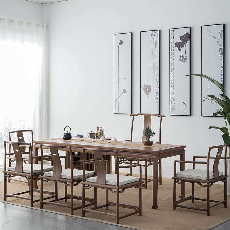 新中式茶桌禅意实木茶台老榆木会议桌餐桌黑胡桃茶室家具禅意风