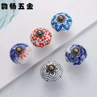 韵畅跨境单孔陶瓷拉手贴画欧美 古典橱柜拉手复古抽屉衣柜门把手