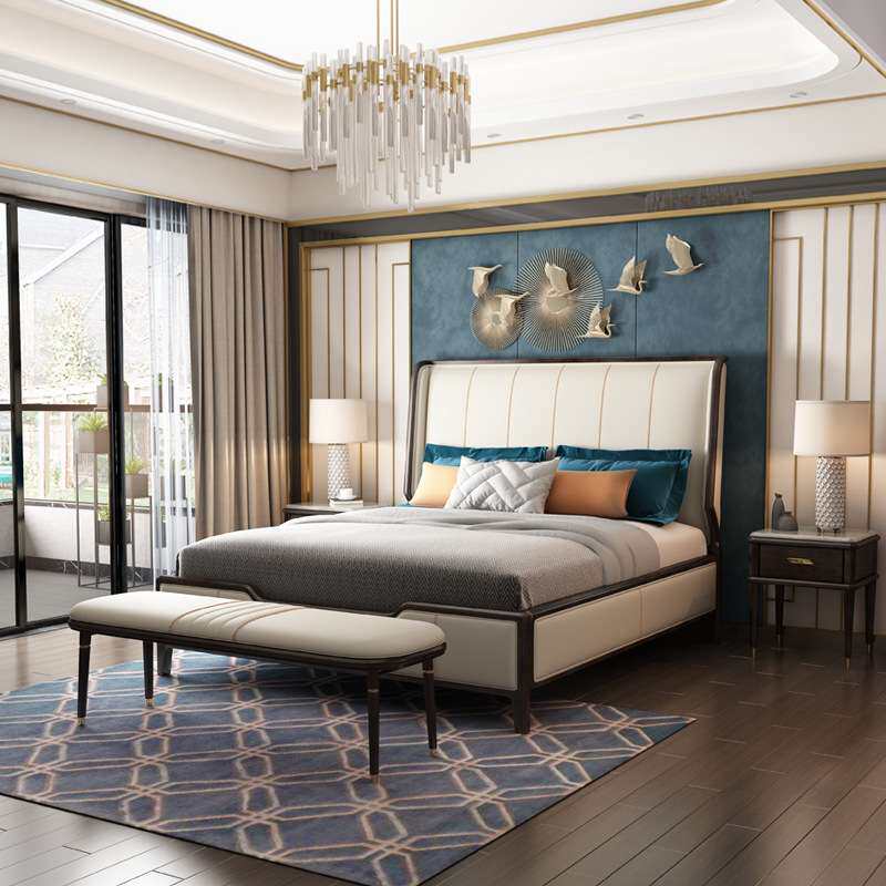 现代中式床新中式全实木1.8米真皮双人床酒店样板房乌金木家具