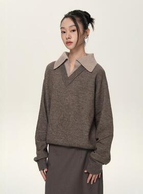 Set for life 24FW 羊毛双V领翻领拼色彩纱初秋薄款亲肤长袖毛衣