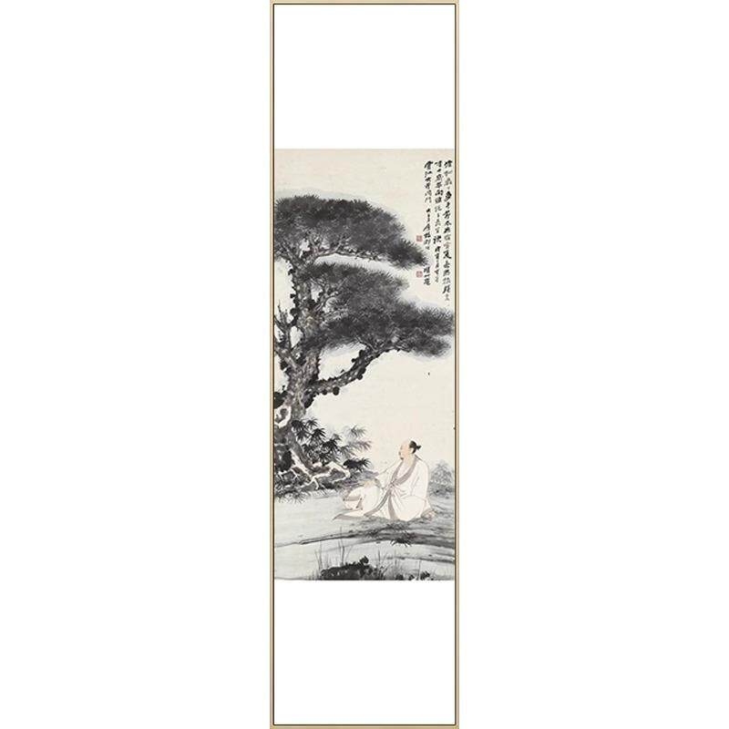 新中式茶室客厅三联装饰画迎客松挂画竖版入户玄关水墨山水墙壁画