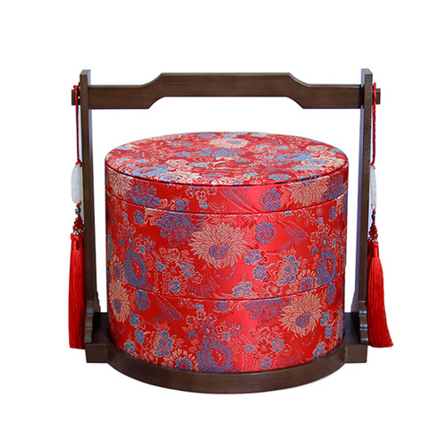 订婚彩礼钱盒子双层圆形r提亲聘礼盒陪嫁锦布礼盒干果喜糖婚礼提