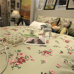 美式 ins绿e色田园风碎花床上四件套全棉纯棉被套1.5m床文艺民宿1.