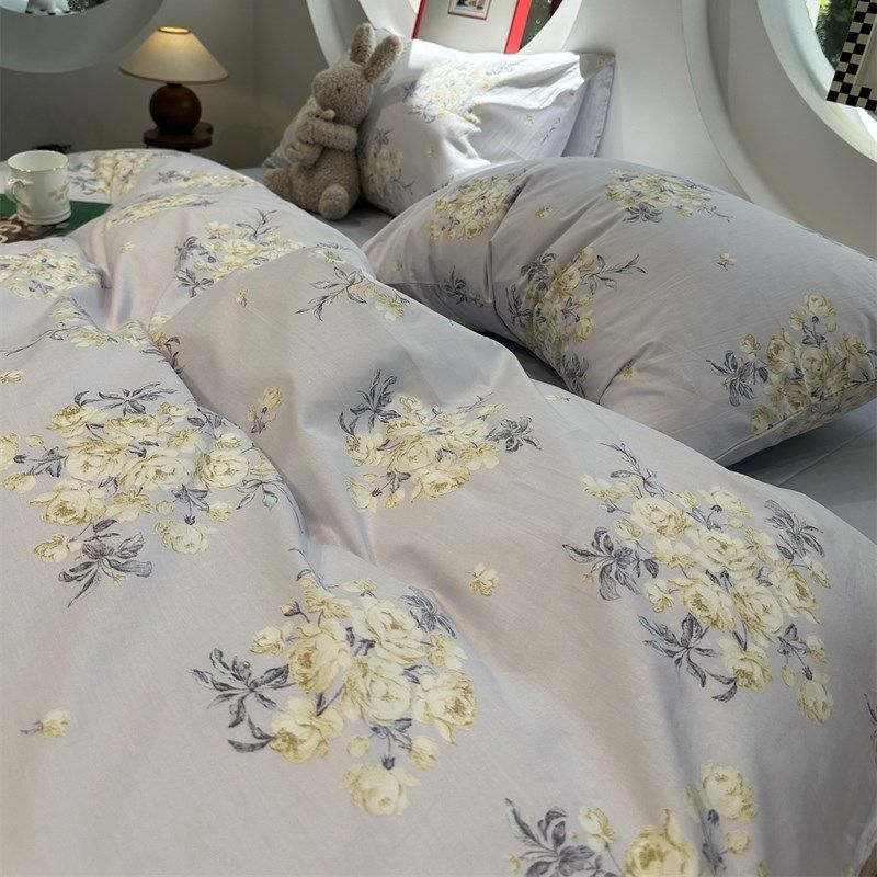 美式田园风淡雅黄色l碎花全棉床上四件套1.5m1.8米被套床单三件套
