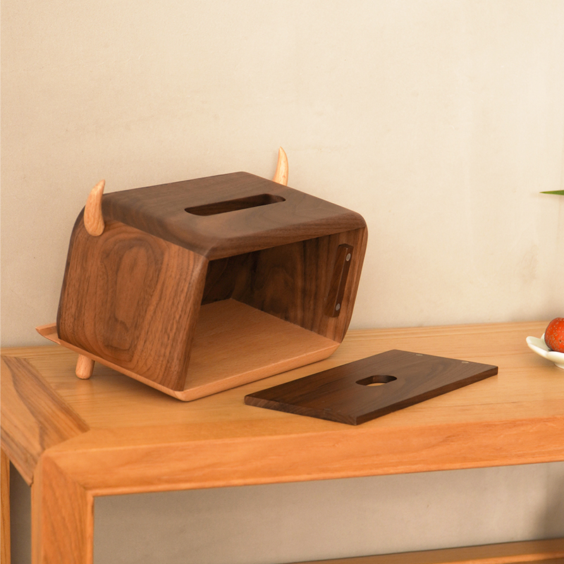 黑胡桃实木创意可爱纸巾盒多功能桌面摆件L抽纸盒木质手机支架木