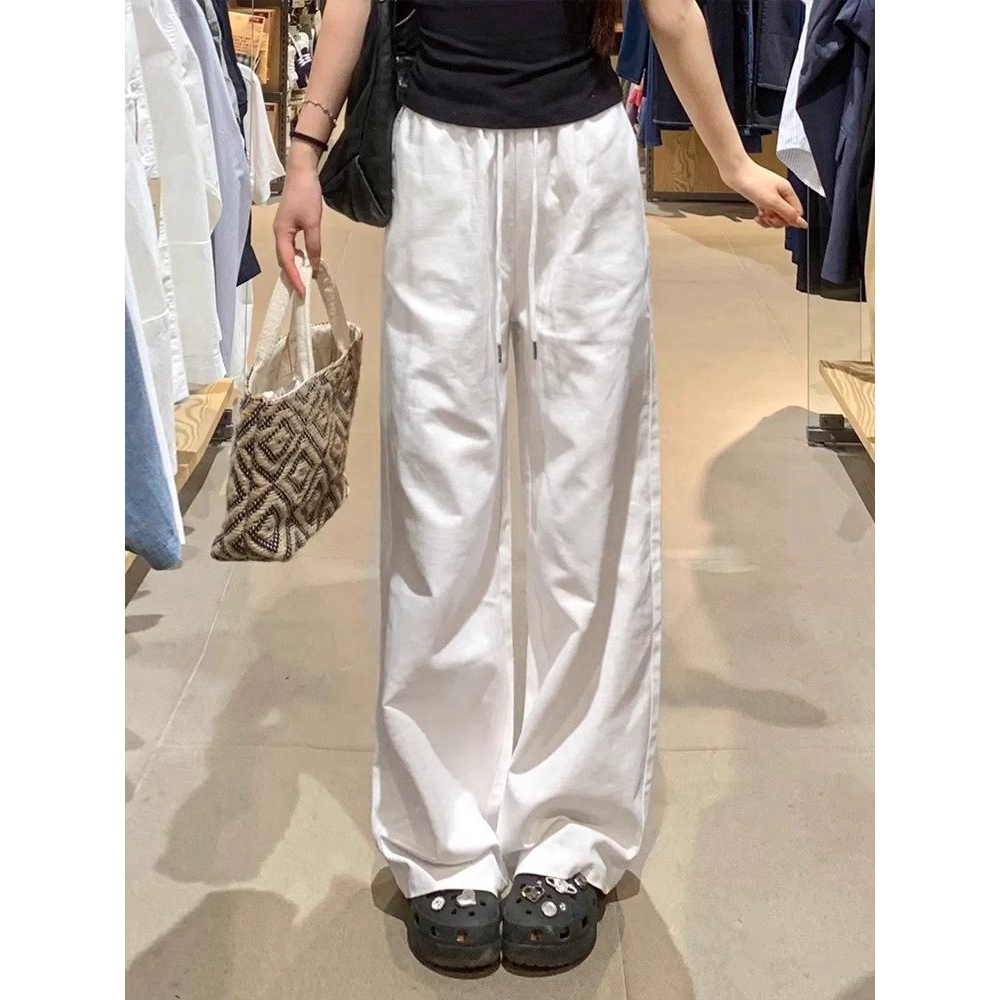 白色阔腿裤女春秋2025新款高腰宽松显瘦小个子拖地牛仔棉麻直筒裤
