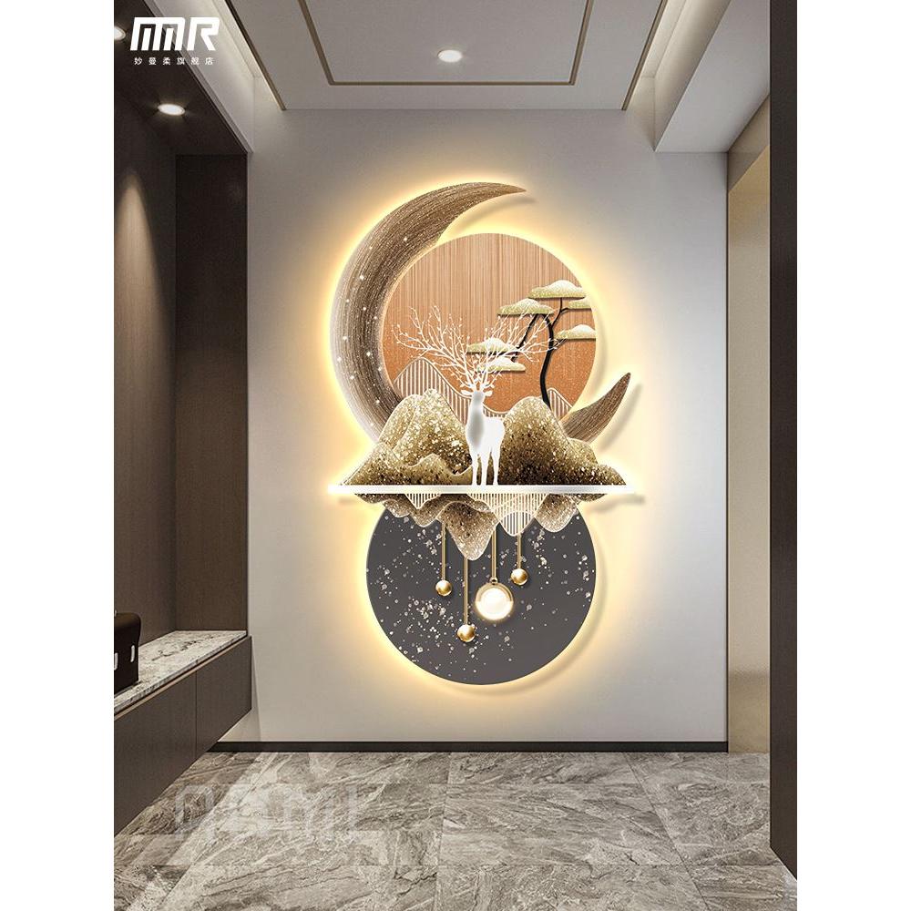入户玄关装饰画过道走廊轻奢福鹿挂画客厅发光无框灯画高级感壁画图片