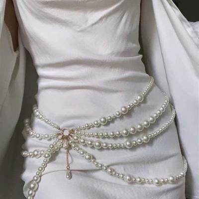 chain粗细各异珍珠相接多层流苏侧摆链腰链腰饰