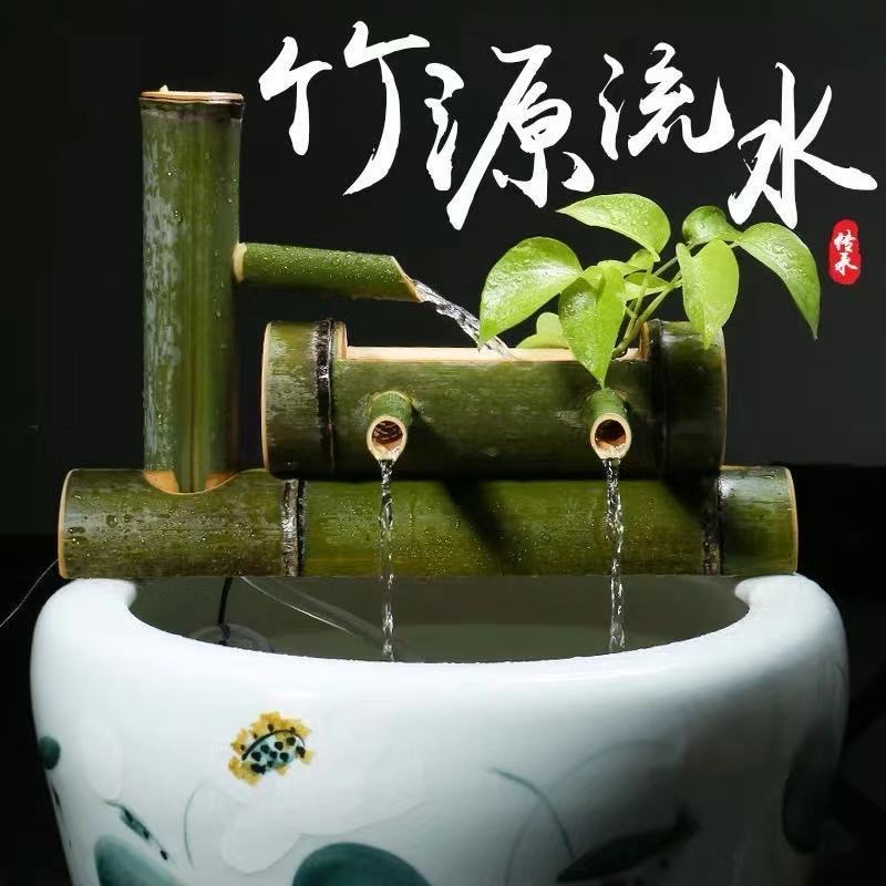 竹子流水摆件养鱼过滤加氧自动竹子流水器循O环石槽水缸鱼缸过滤
