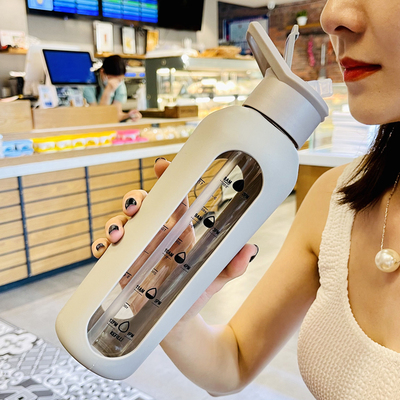 夏季刻度杯子带吸管女生高u颜值新款玻璃杯ins风办公室喝水杯家用