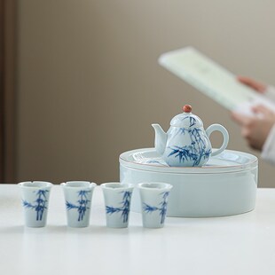 便携式 带盘户外露营随身茶具一壶四X杯手绘泡茶 旅行功夫茶具套装