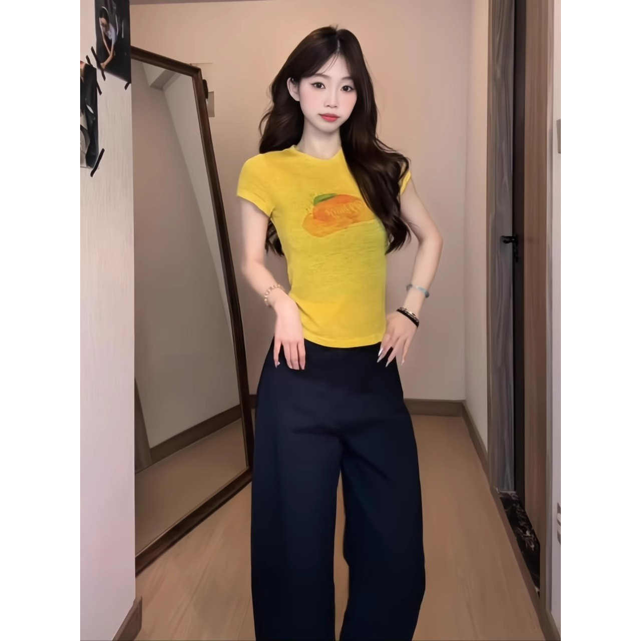 韩系绝美印花正肩短袖t恤女夏季薄款修身显瘦百搭短款打底衫上衣