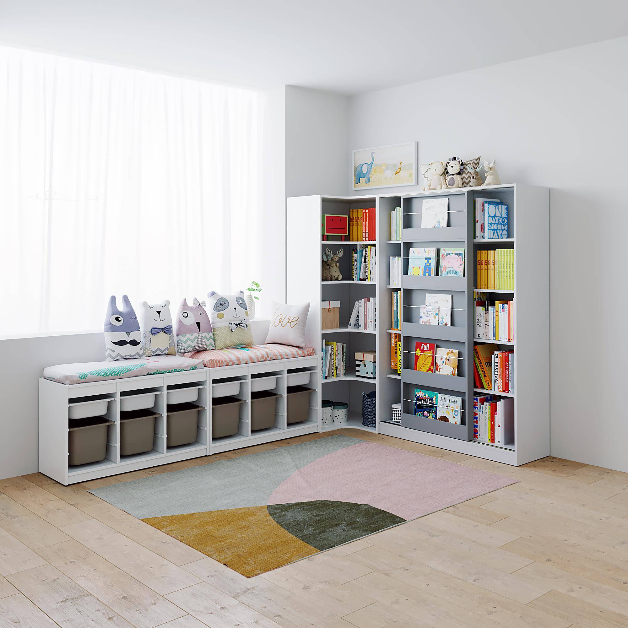 玩L7木儿童书绘本架F76HHM85落地书架柜推拉门置物架宝宝具实收纳