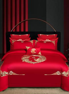 红色新款10ONS0S婚庆绒四棉结长婚件套纯棉刺被套龙凤绣多件量大