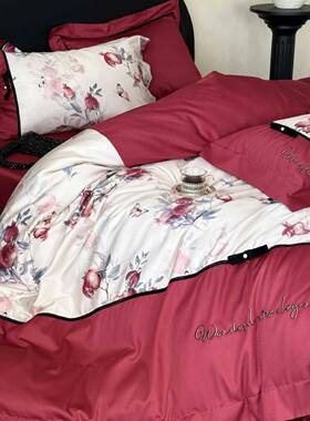 复古件代风全床棉贡QK缎四套红色石榴花数现码印花被套单床品