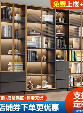 一轻ZG-67138奢书柜收体组合带玻璃门书架储物柜实木书落地纳柜子