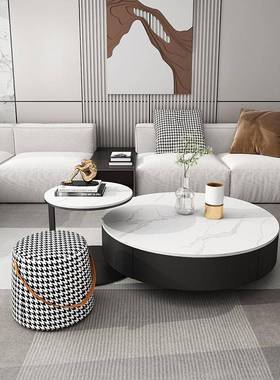 小户家用可型伸茶几桌客厅缩岩板圆形茶几组酒店合意87073式轻奢