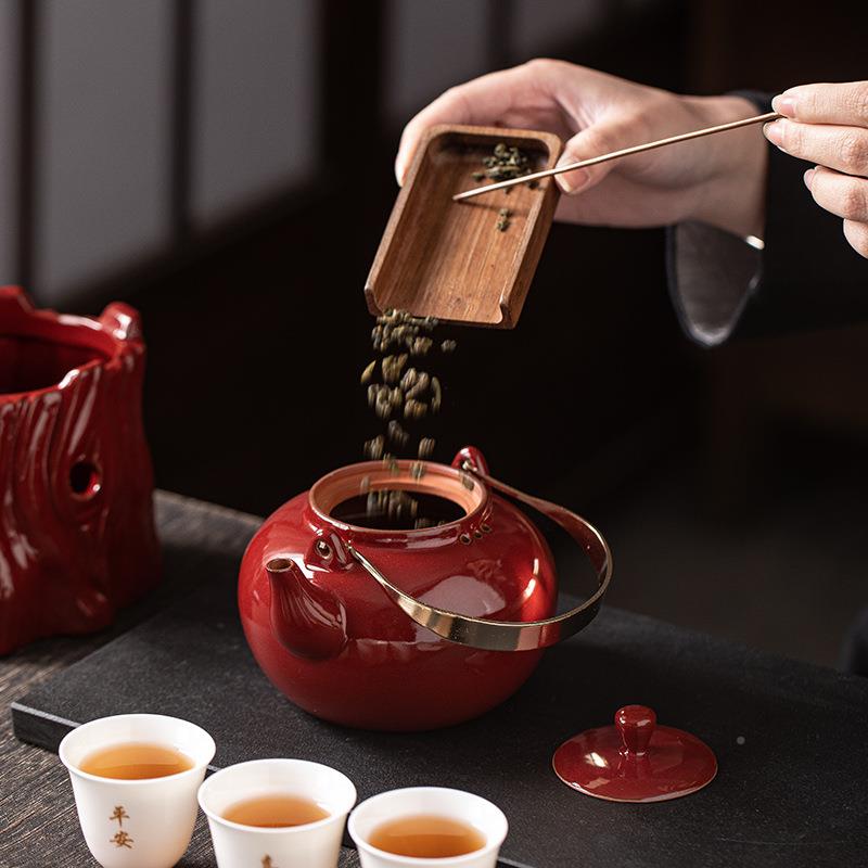 陶瓷富贵红色梁陶提壶煮煮茶明炉家用火茶壶挂饰酒精炉户外露营围