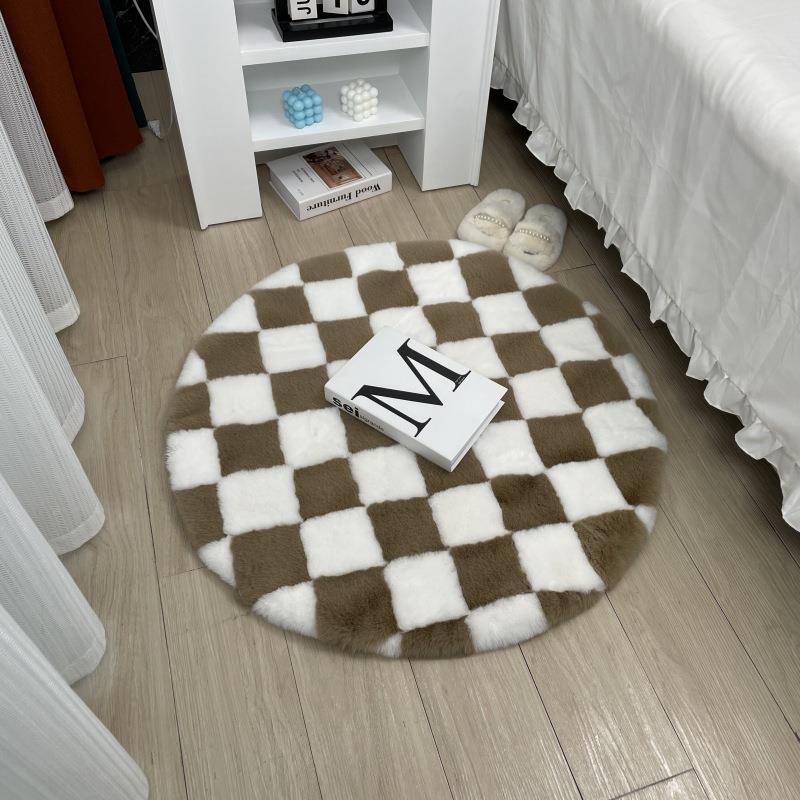 帽棋格卧室床边地毯衣间圆形MAV方格地垫仿兔盘毛房客厅飘窗凳子
