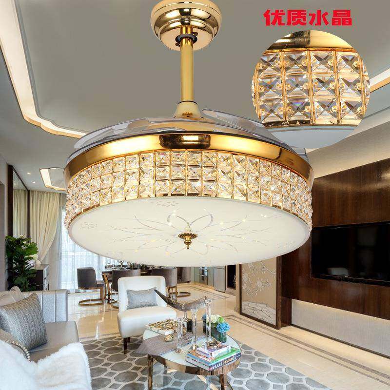 简现代led隐形WXH厅风扇灯客卧室约书房水灯吊扇晶灯家居电风扇吊