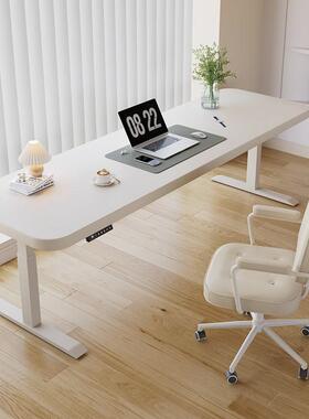 实木电升降窄桌动超自双人长条白色手摇动工作台办公电脑90284学