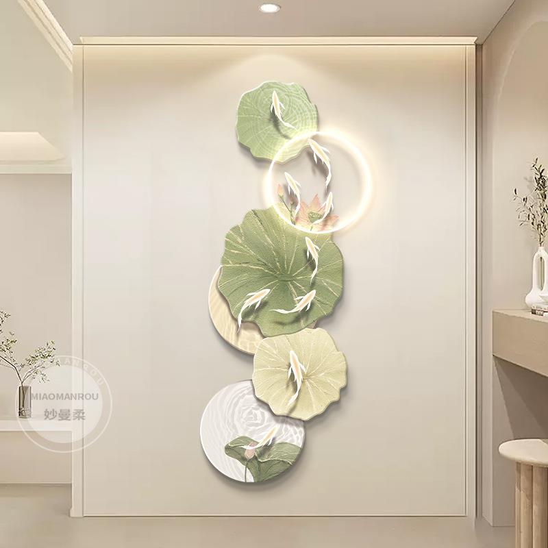 鱼图入户玄关装饰画走廊过道奶油风带led灯壁画简约小清新挂画
