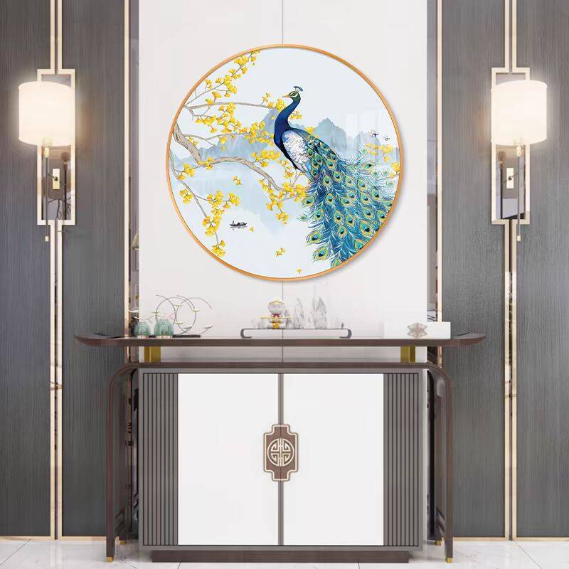 孔雀开屏新中式圆形客厅入户玄关装饰画现代简约餐厅壁画走廊挂画图片