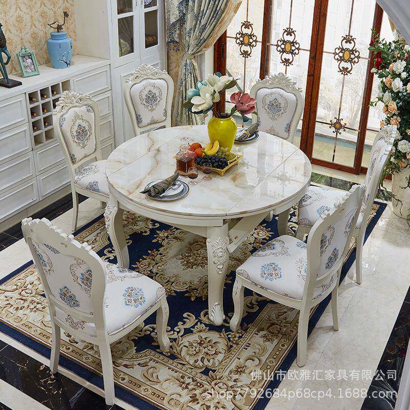 欧式桌餐桌合椅组代简约41188小户型实木现大理石饭伸缩折叠多功