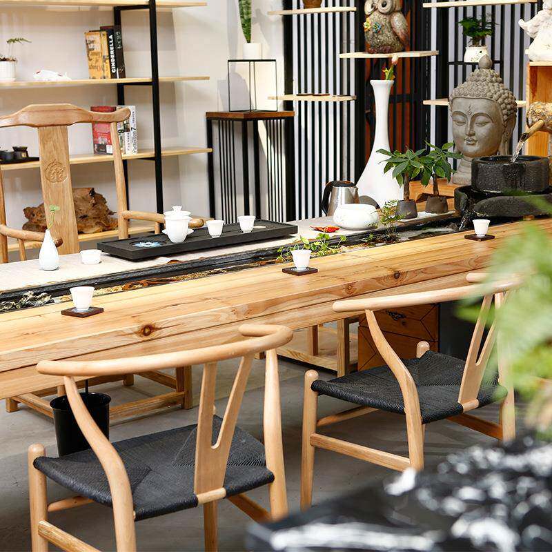 式中办室实茶木流水32855养鱼桌茶室大板茶台功夫泡茶桌公椅组办