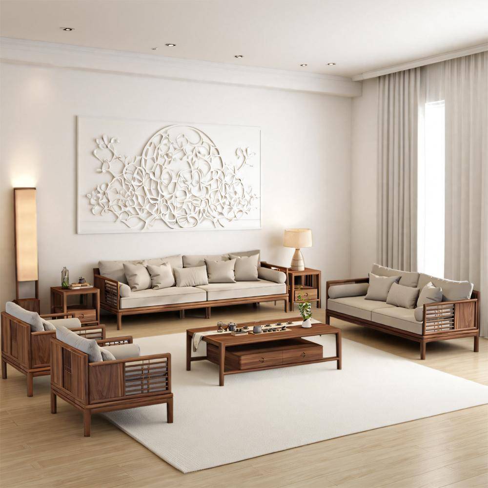 新中式北美黑胡桃实木沙发组合别墅大平层客厅禅意宋代办公室家具