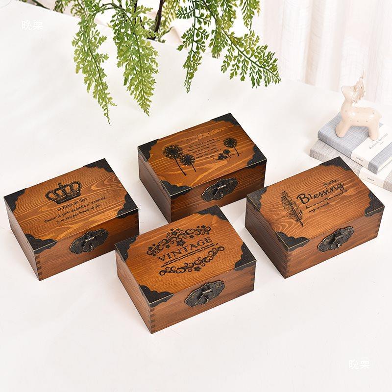 实木盒子复古收带锁收纳盒面物纳盒杂小箱子存折密码木箱子桌9972