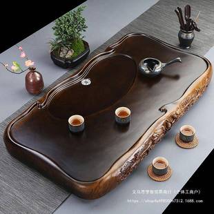 家用简约茶海茶台客厅茶具小型原木茶托盘排水 黑檀木茶盘实木新款