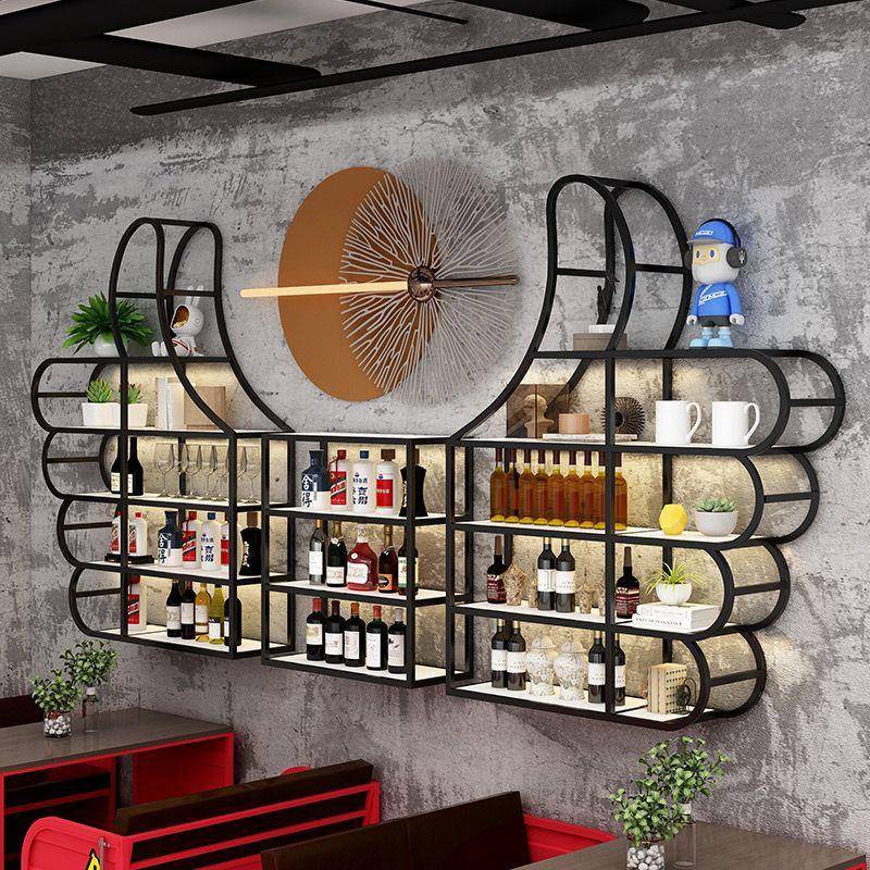 新款酒吧台架AOQ酒柜置物架壁挂餐创意墙厅红酒展示架上发光铁艺