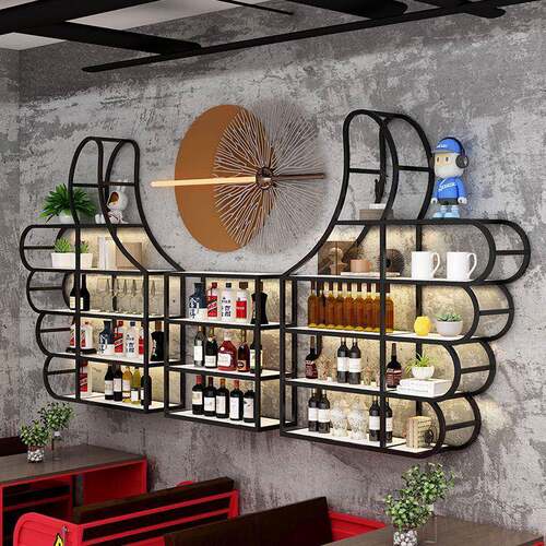 新款酒吧台架AOQ酒柜置物架壁挂餐创意墙厅红酒展示架上发光铁艺