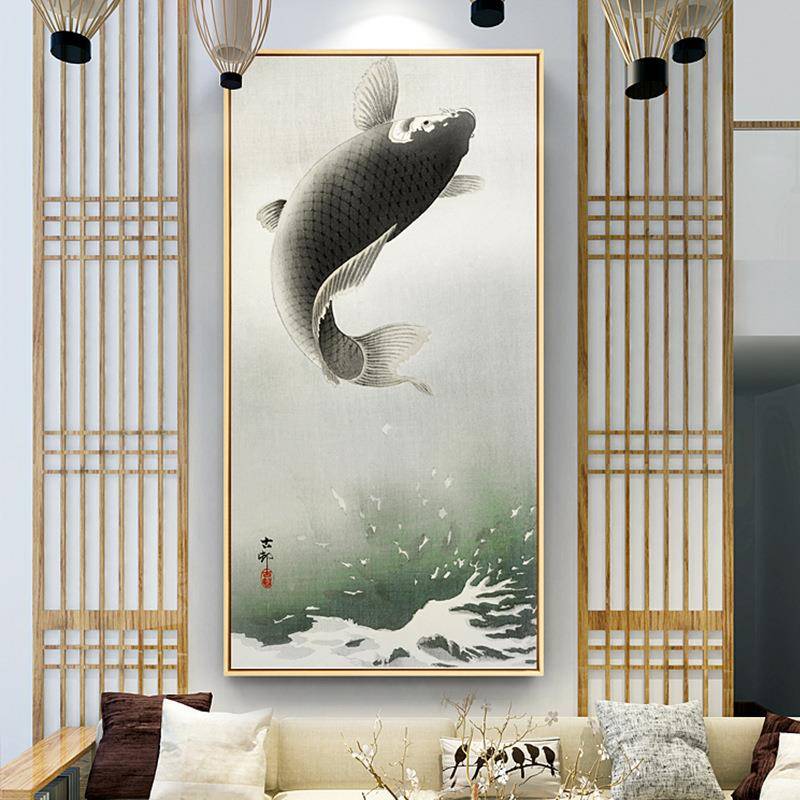 新中式关装饰玄走招廊过道中国画风中堂挂画风水财鲤鱼茶PSW室壁