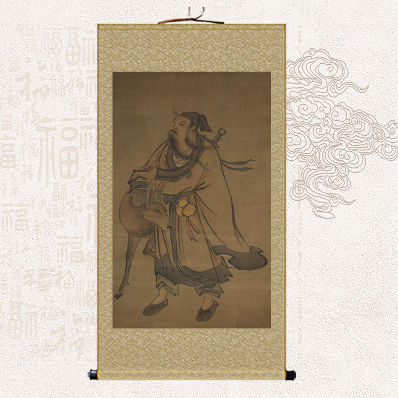 古画复制张路仙人携鹿图玄关走廊装饰画客厅书房新中式卷轴画挂画图片