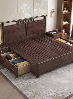 丽新中乌15753金巢木实式代木床主卧室1.8米双人婚床现中式高箱储