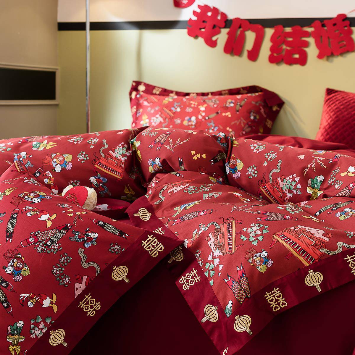 红色结纯四婚被长套家纺10床品件套棉婚房绒棉0S床单OVN婚庆
