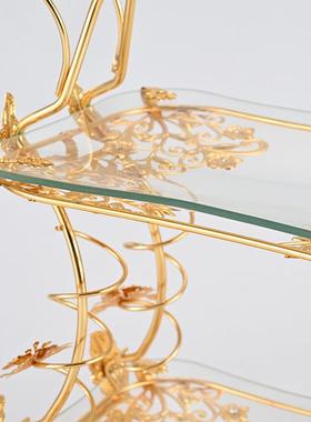 厂式家欧直销复古水果盘高档52730酒店装色饰金玻璃盘手提水果篮