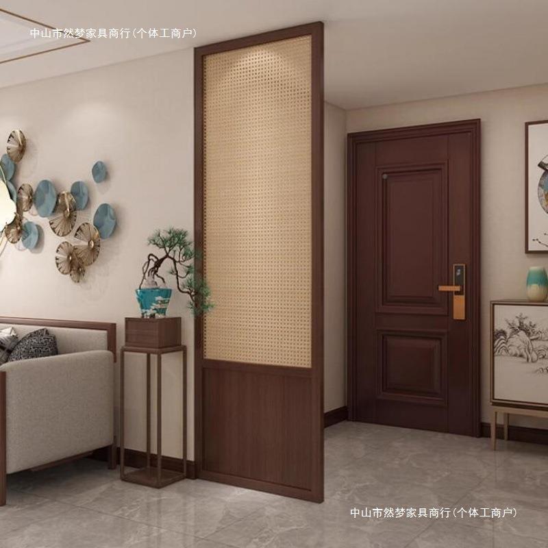 中式断实木屏风办公室隔客厅卧室玄ZEZ入户新关藤编可折叠移动座