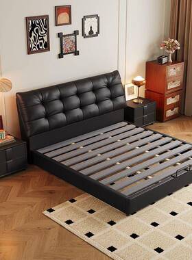 意式现代大简床复古大黑熊床现代约软64278主大卧气包猫抓皮双人